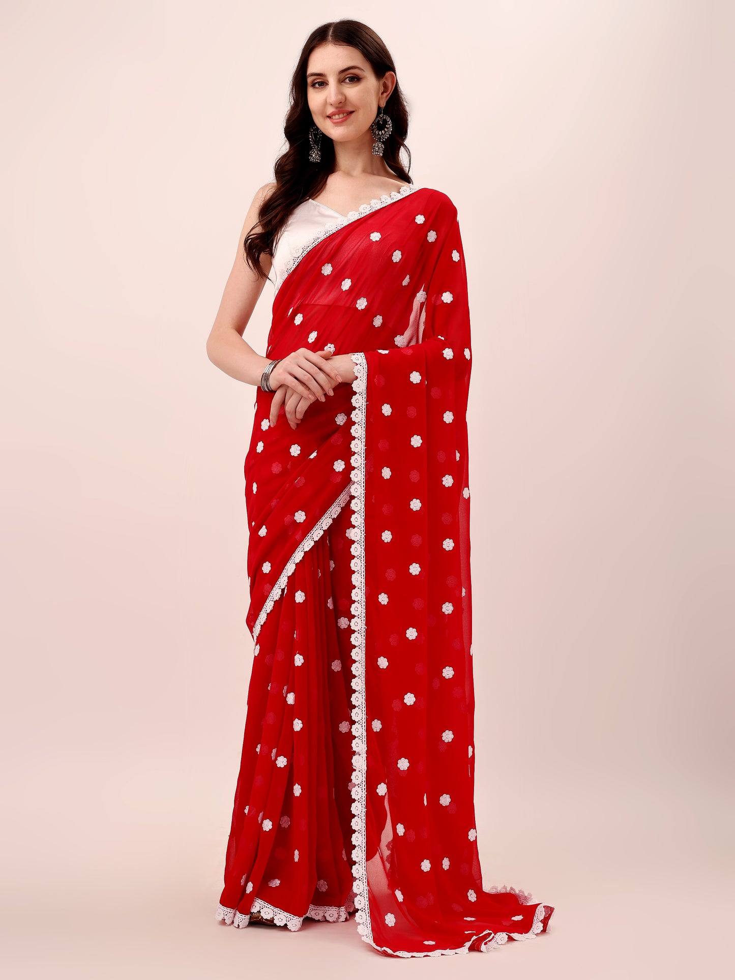 Women's Georgette Saree with Embroidery Lace Border Work Designer Saree with Unstitched Blouse Piece