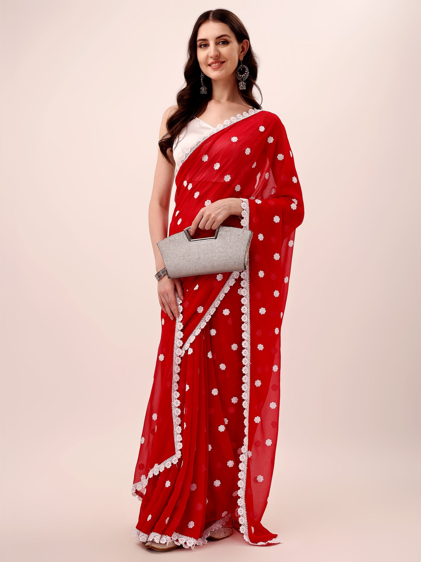 Women's Georgette Saree with Embroidery Lace Border Work Designer Saree with Unstitched Blouse Piece