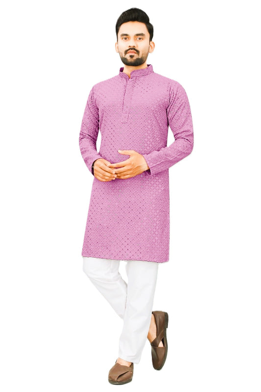 Estationeryhouse Straight fit Men's Kurta Pajama in Cotton (Rayon) Heavy Embroidery work Front and Back (Comes with white pajama)