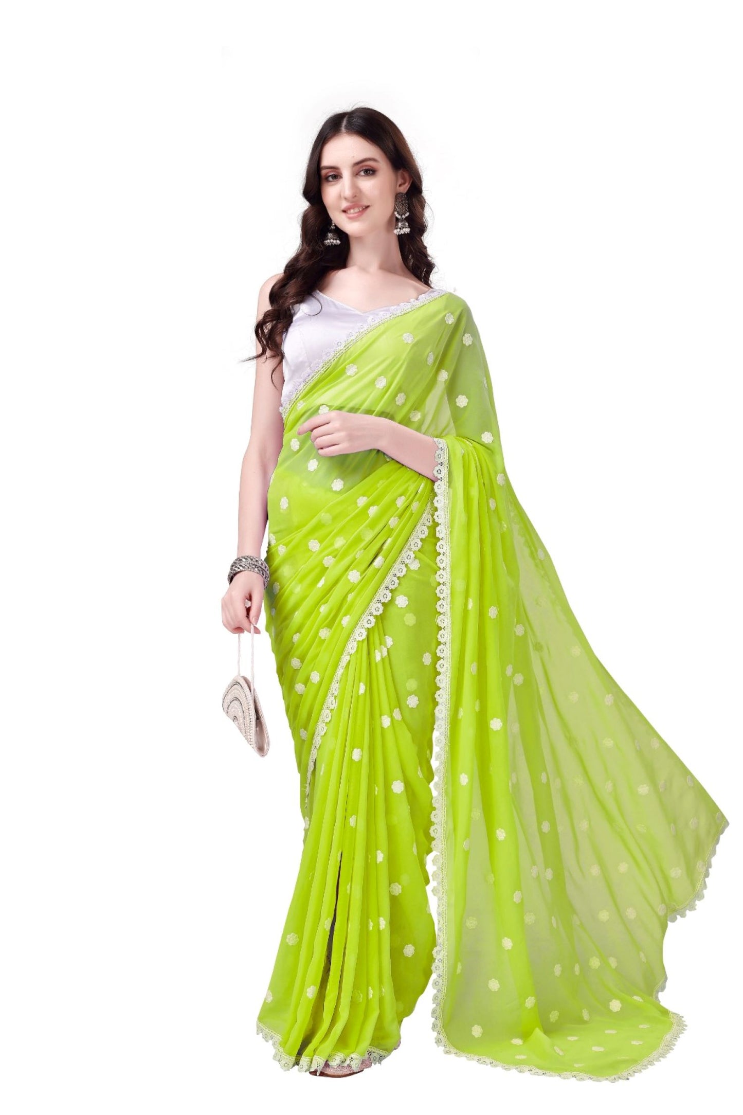 Women's Georgette Saree with Embroidery Lace Border Work Designer Saree with Unstitched Blouse Piece