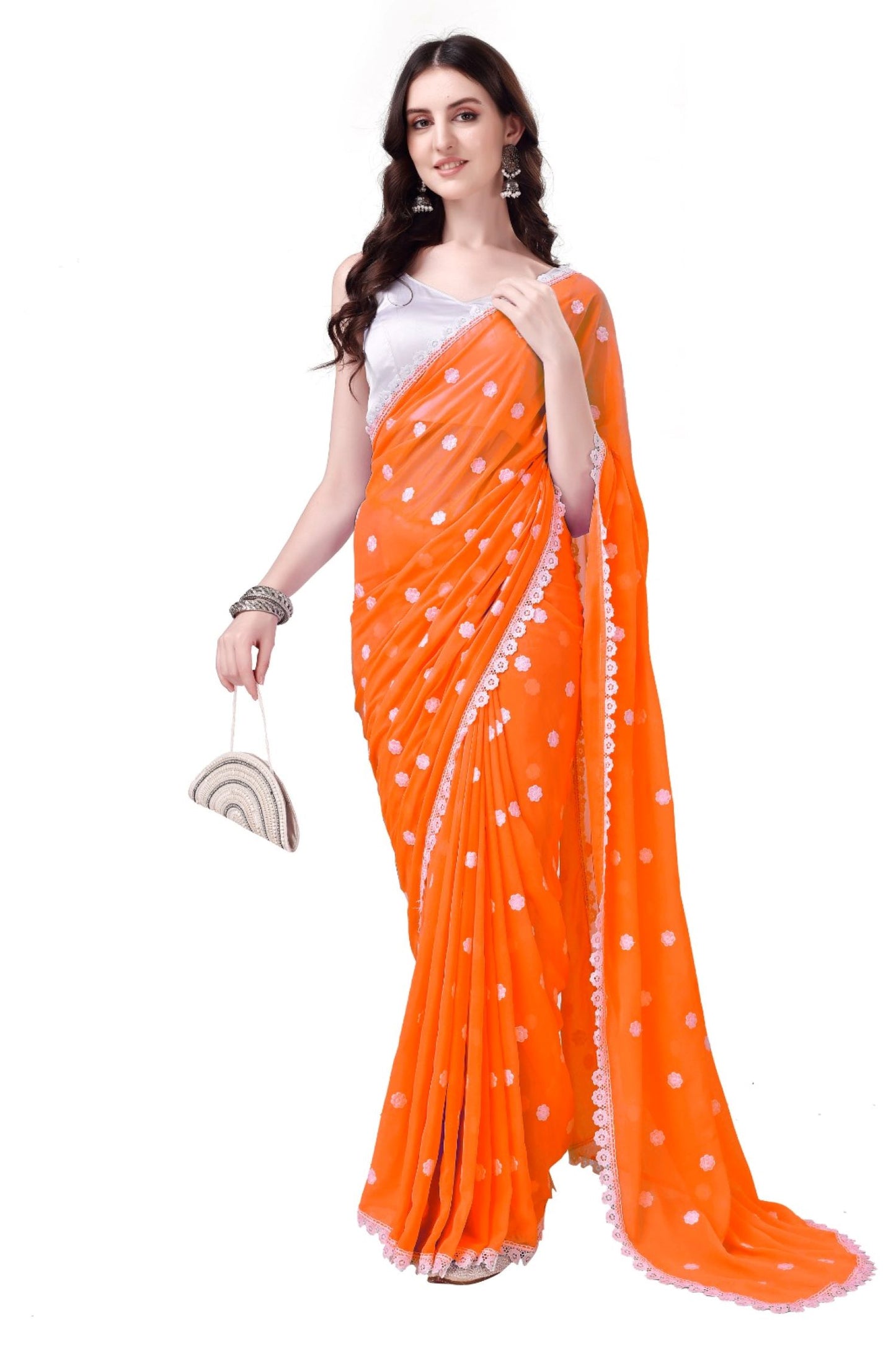 Women's Georgette Saree with Embroidery Lace Border Work Designer Saree with Unstitched Blouse Piece