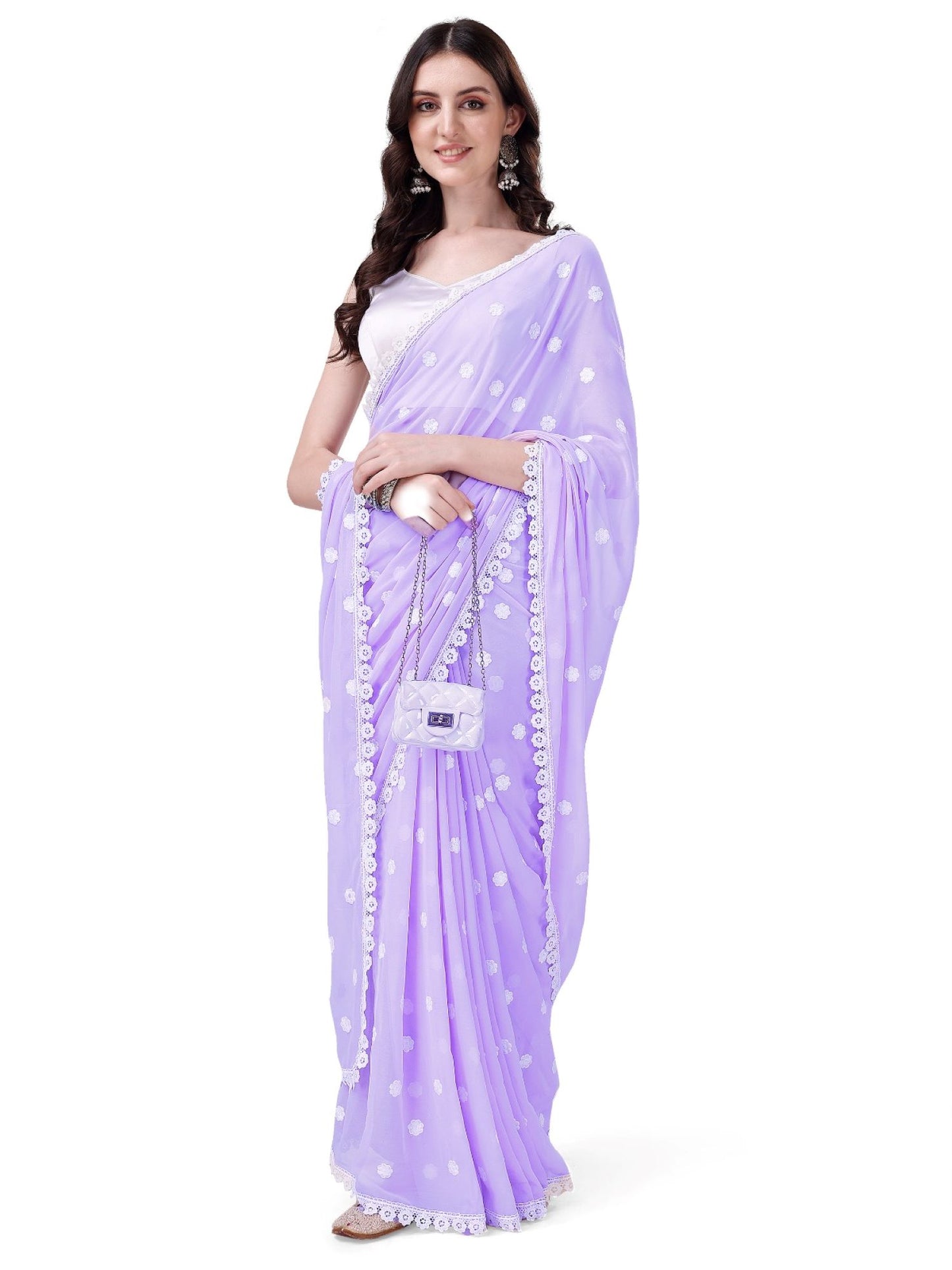 Women's Georgette Saree with Embroidery Lace Border Work Designer Saree with Unstitched Blouse Piece