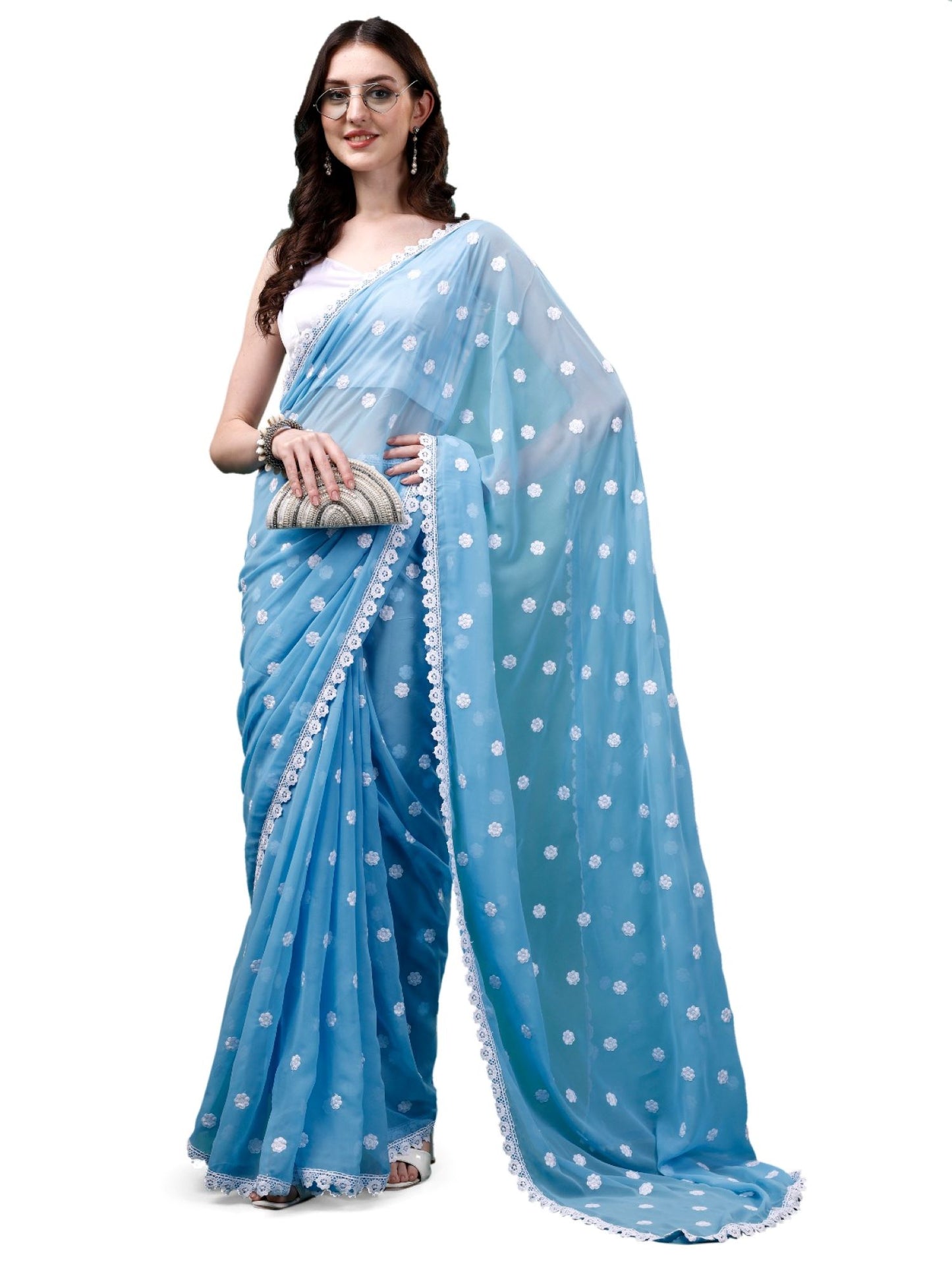 Women's Georgette Saree with Embroidery Lace Border Work Designer Saree with Unstitched Blouse Piece