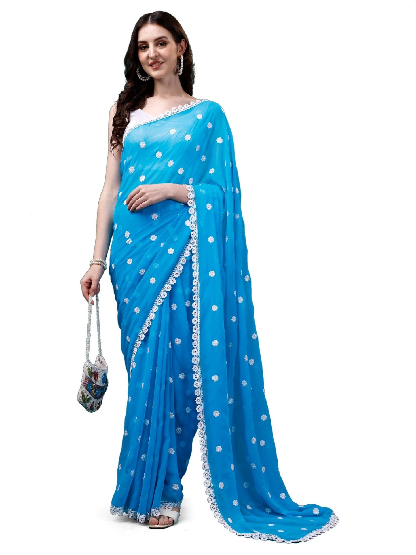 Women's Georgette Saree with Embroidery Lace Border Work Designer Saree with Unstitched Blouse Piece