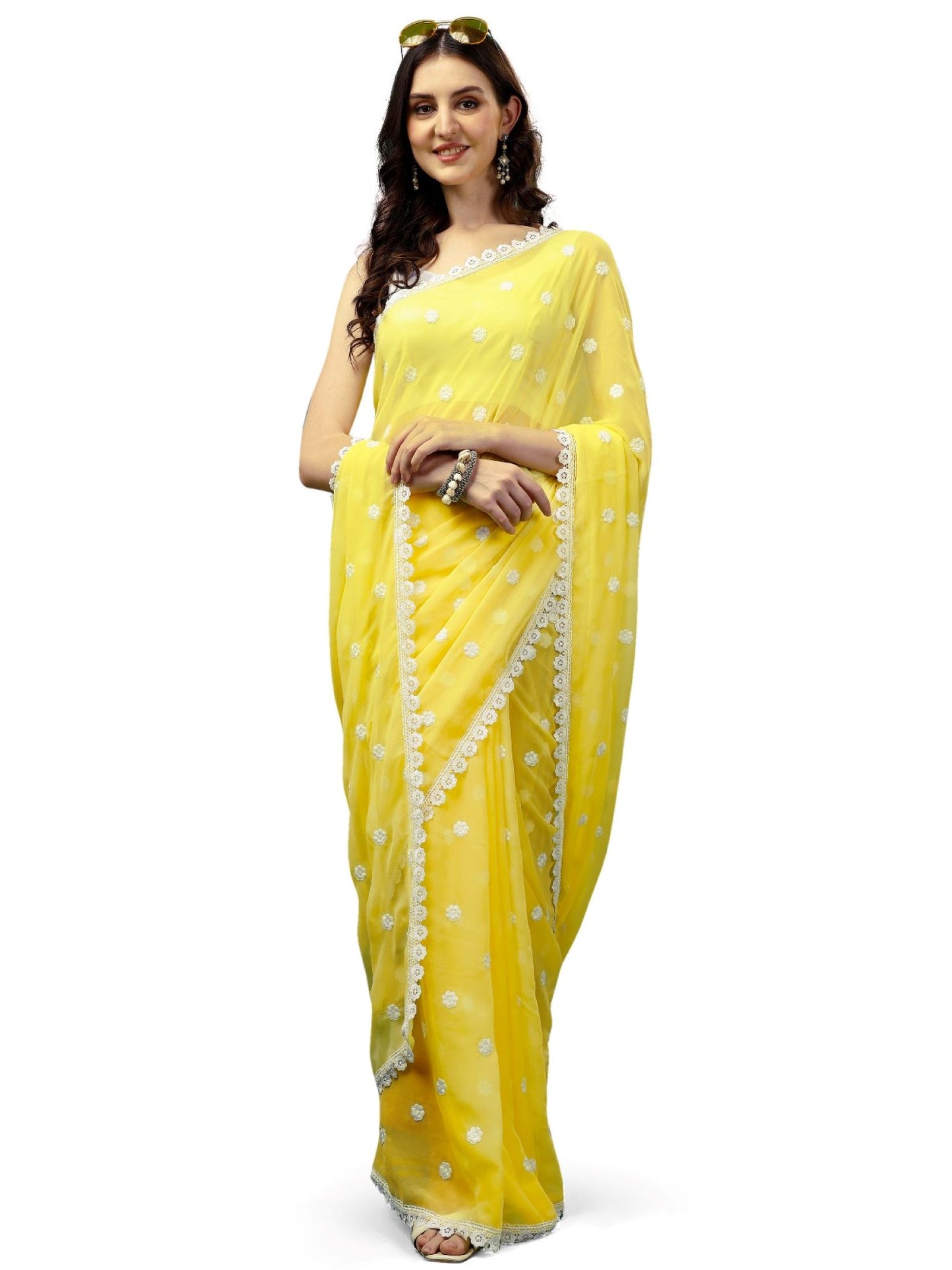 Women's Georgette Saree with Embroidery Lace Border Work Designer Saree with Unstitched Blouse Piece