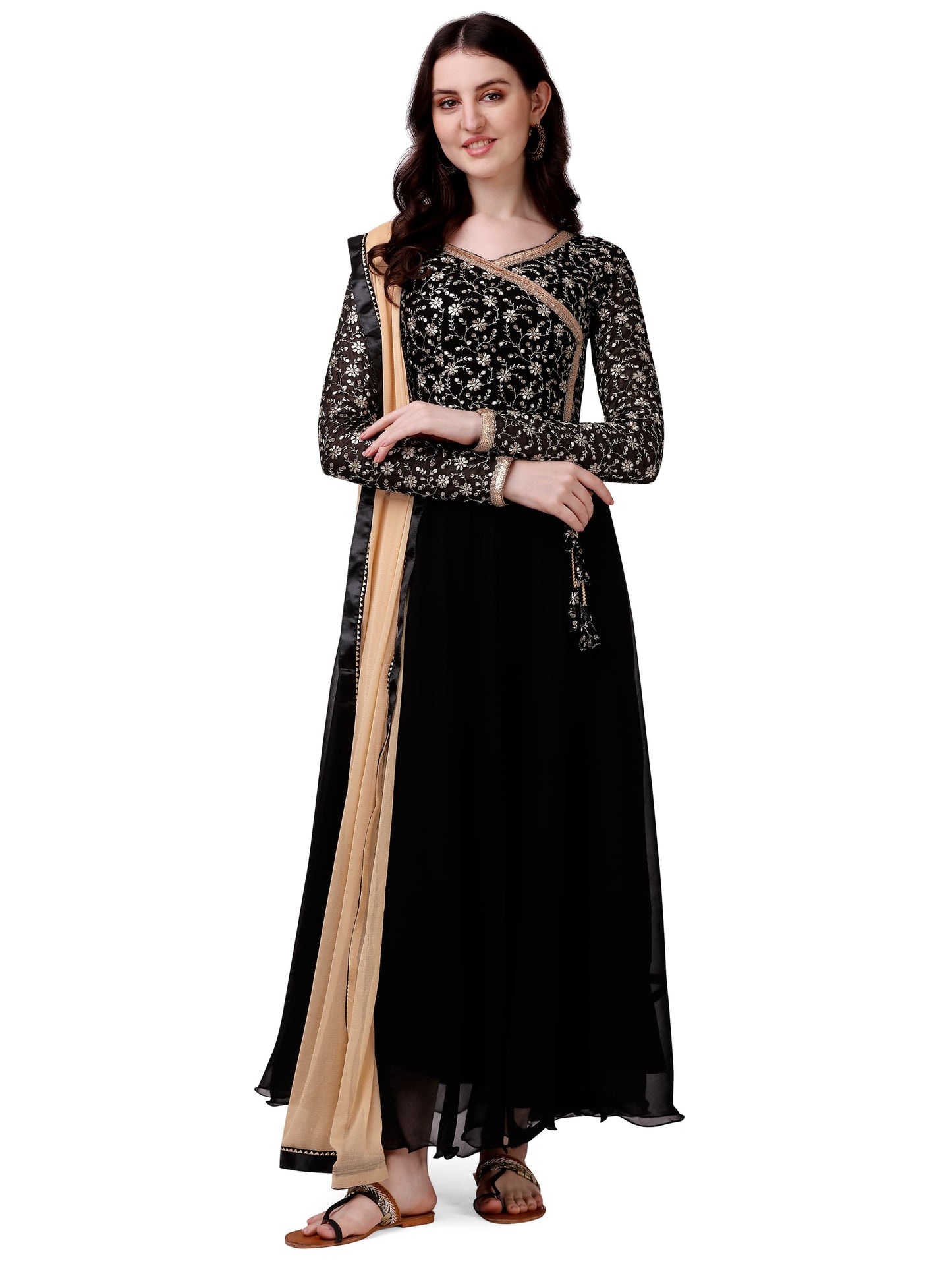 Estationeryhouse Women's Georgette Anarkali Kurta Kurti with Heavy Embroidery with contrast Dupatta (Bottoms not included)