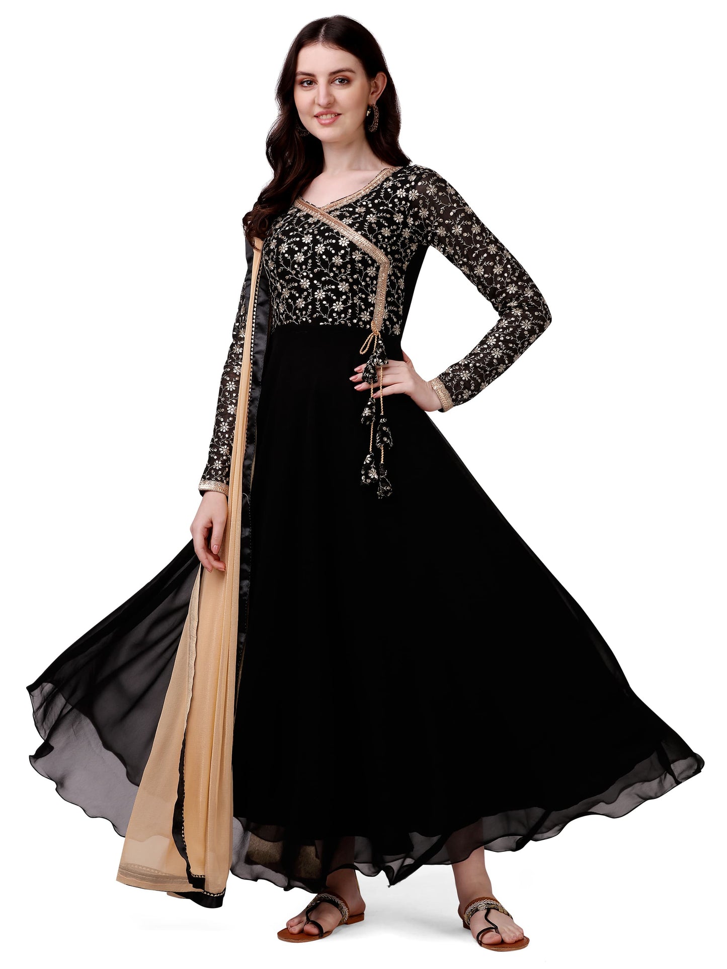 Estationeryhouse Women's Georgette Anarkali Kurta Kurti with Heavy Embroidery with contrast Dupatta (Bottoms not included)