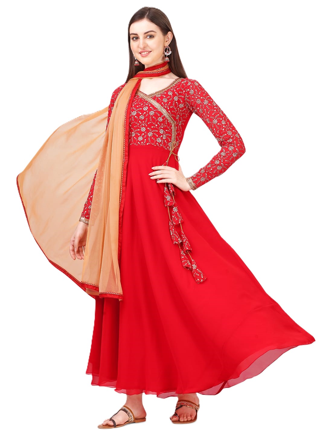 Estationeryhouse Women's Georgette Anarkali Kurta Kurti with Heavy Embroidery with contrast Dupatta (Bottoms not included)