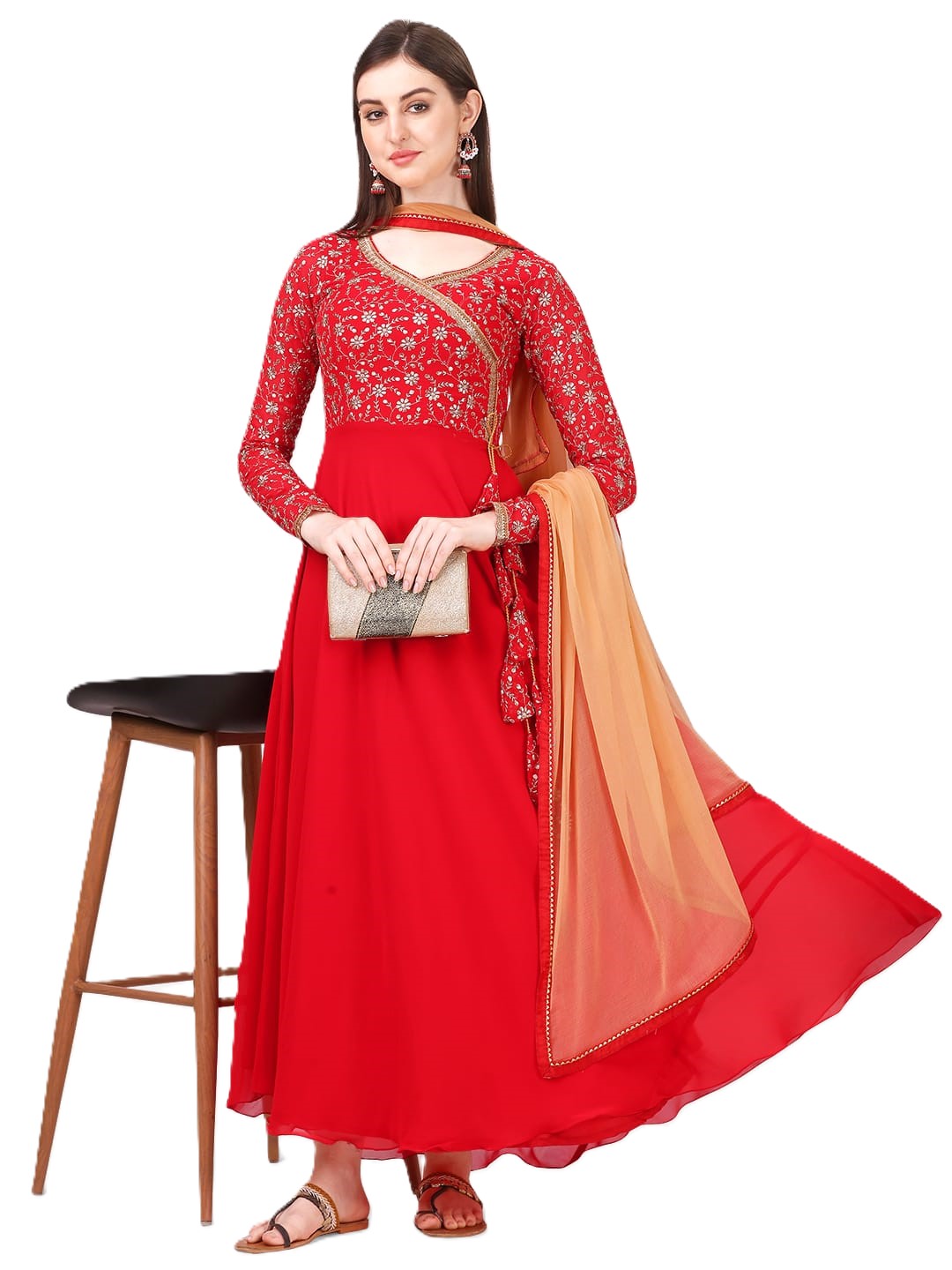 Estationeryhouse Women's Georgette Anarkali Kurta Kurti with Heavy Embroidery with contrast Dupatta (Bottoms not included)