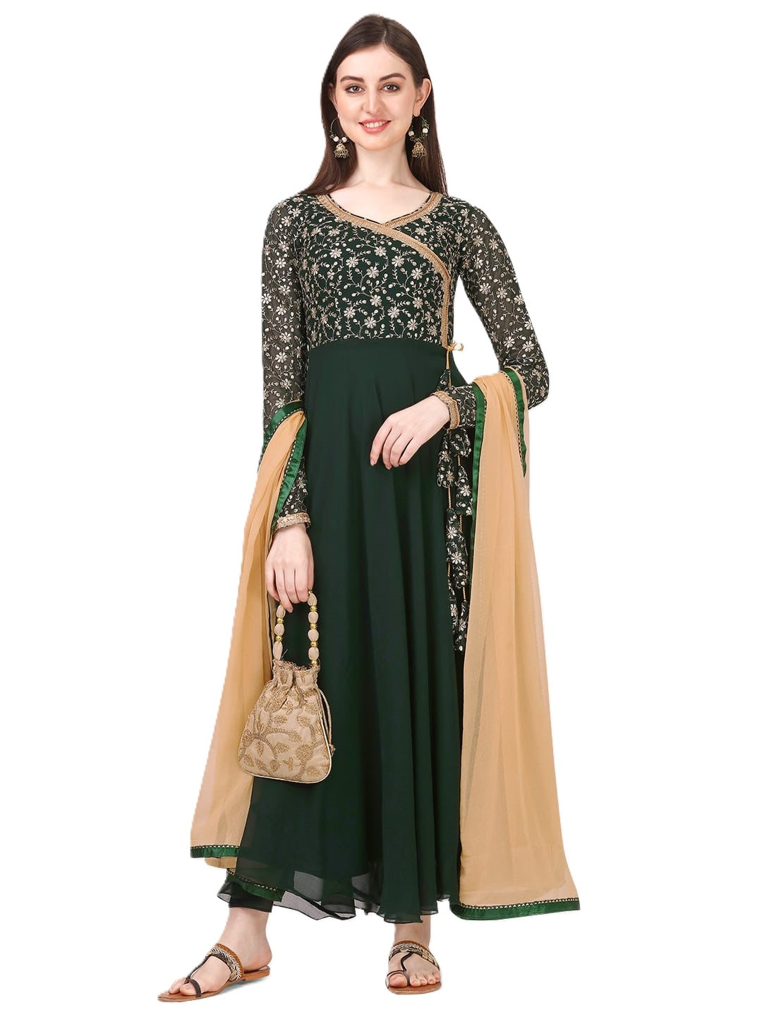 Estationeryhouse Women's Georgette Anarkali Kurta Kurti with Heavy Embroidery with contrast Dupatta (Bottoms not included)