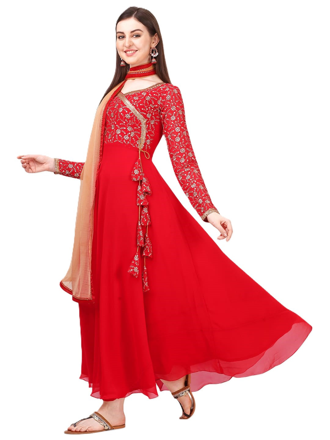 Estationeryhouse Women's Georgette Anarkali Kurta Kurti with Heavy Embroidery with contrast Dupatta (Bottoms not included)