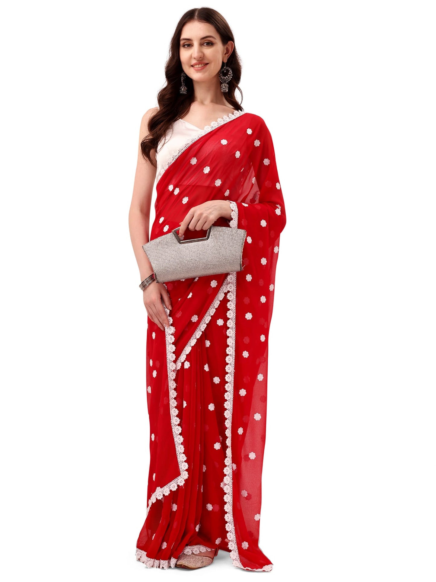 Women's Georgette Saree with Embroidery Lace Border Work Designer Saree with Unstitched Blouse Piece