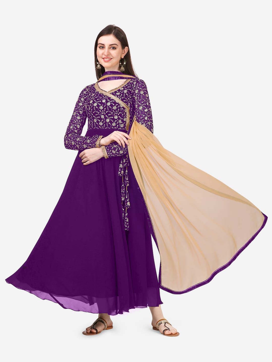 Estationeryhouse Women's Georgette Anarkali Kurta Kurti with Heavy Embroidery with contrast Dupatta (Bottoms not included)