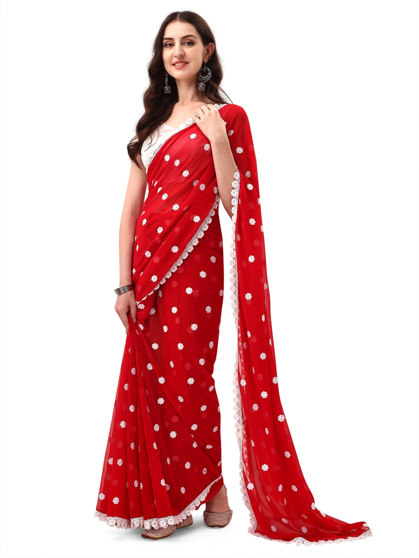 Women's Georgette Saree with Embroidery Lace Border Work Designer Saree with Unstitched Blouse Piece